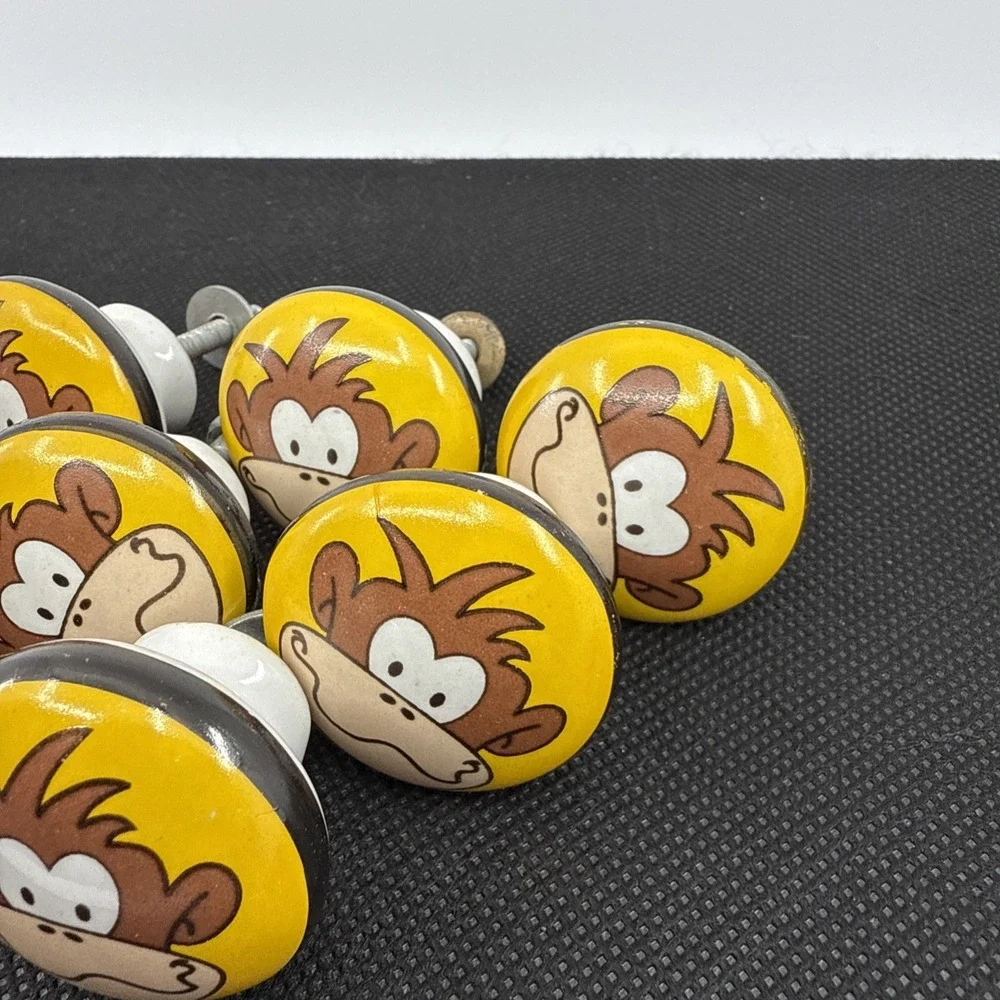 6 Porcelain Monkey Drawer Knobs Door Pulls Yellow Funny‎ Face 1.25